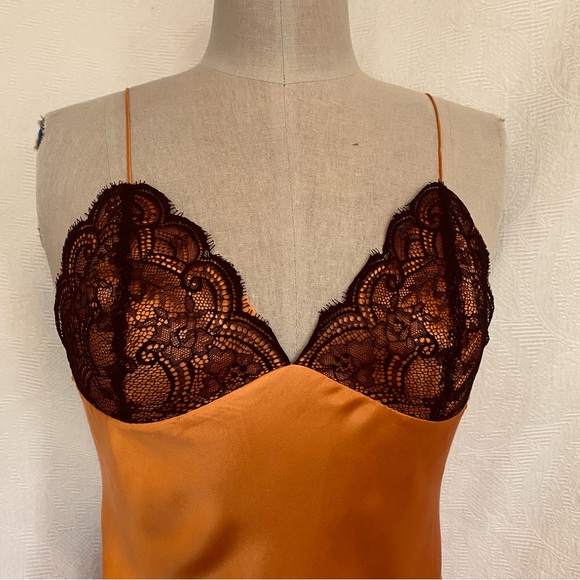 Pure silk XS/ S chemise/slip melon orange with black trim. - Picture 2 of 7